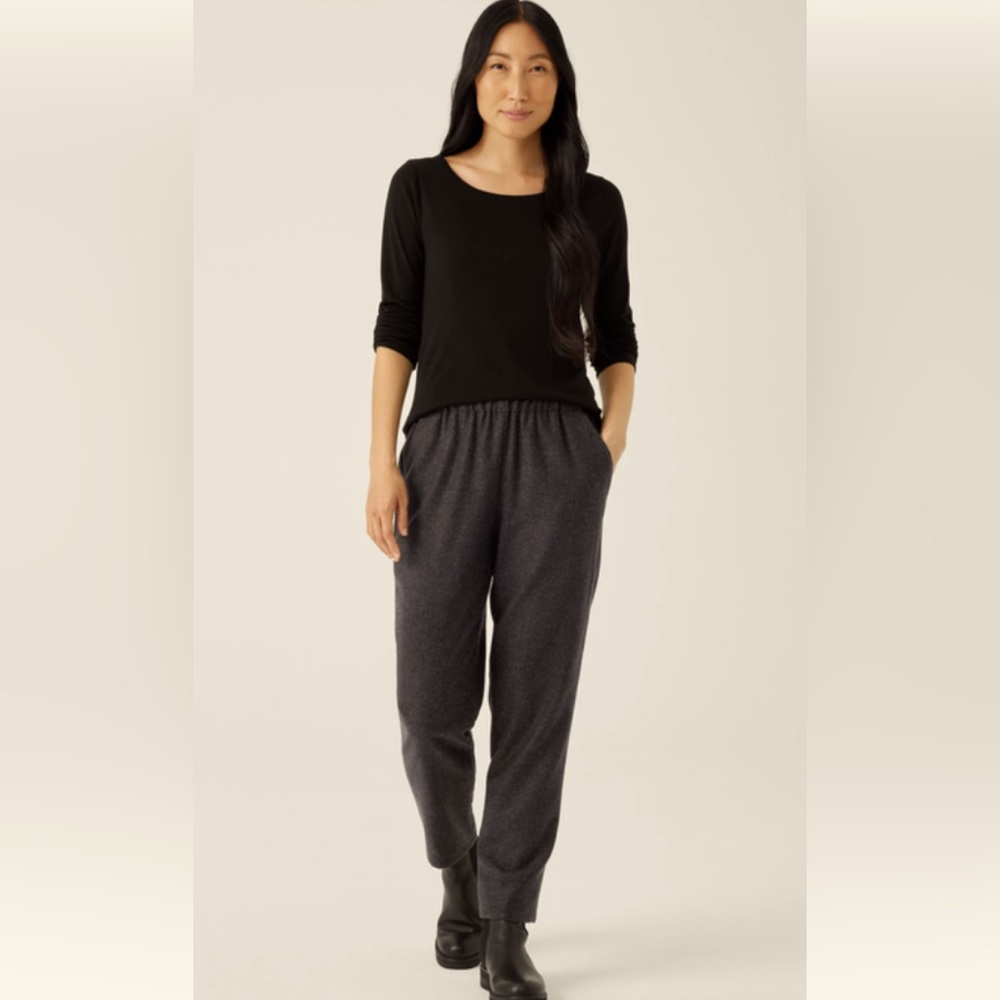 Eileen Fisher Black Top with Charcoal Gray Trousers